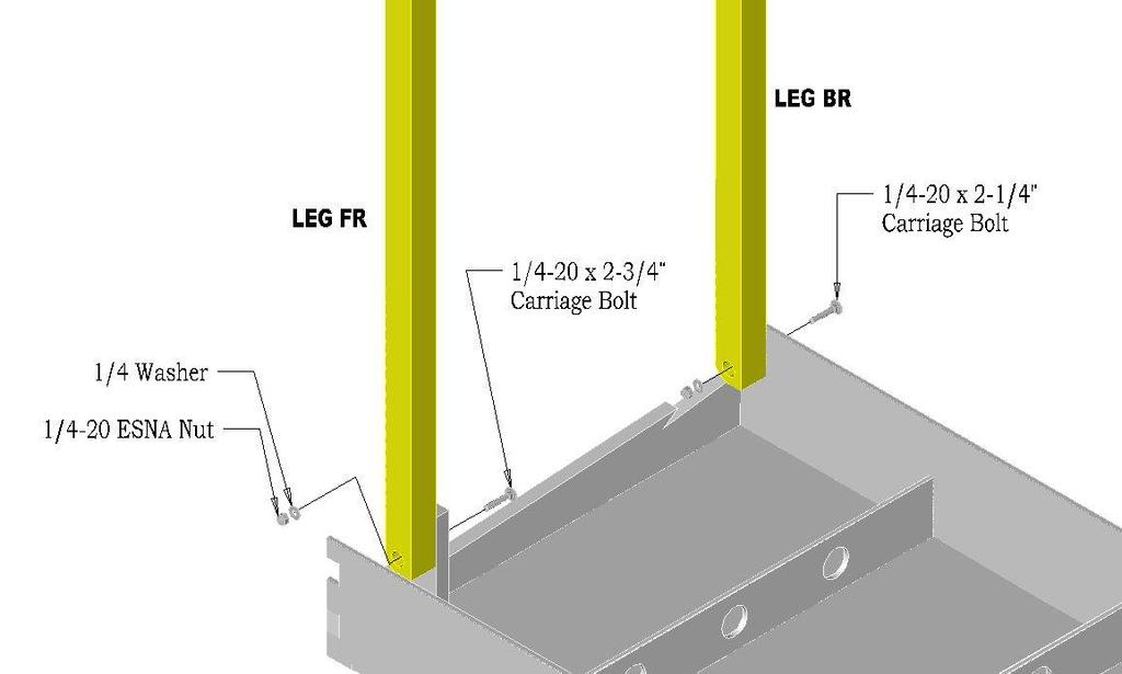 Page 6 9. Attach RH Legs - Locate legs labeled FR(front right) & BR(back right) and the hardware shown. Install them as shown below.