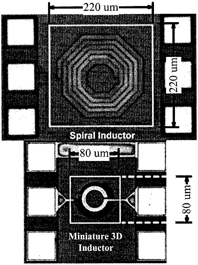478 IEEE JOURNAL OF SOLID-STATE CIRCUITS, VOL. 37, NO. 4, APRIL 2002 Fig. 14. Schematic and die photo of a 2.4-GHz CMOS LNA. Fig. 12. Die photo of the planar inductor and a miniature 3-D inductor.
