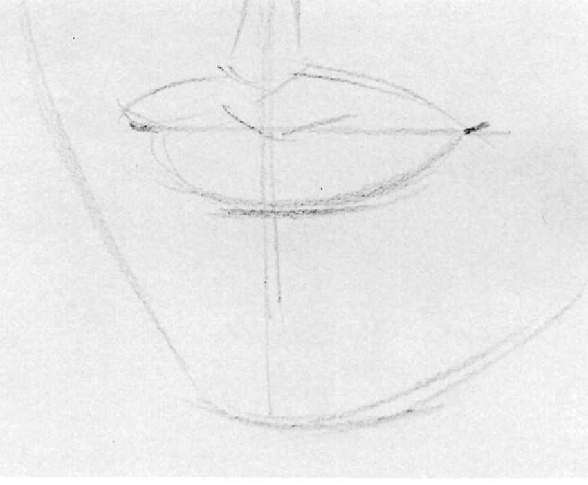 The horizontal line between the lips is the usual horizontal guideline that he draws across the egg shape of the head to indicate the placement of the mouth.