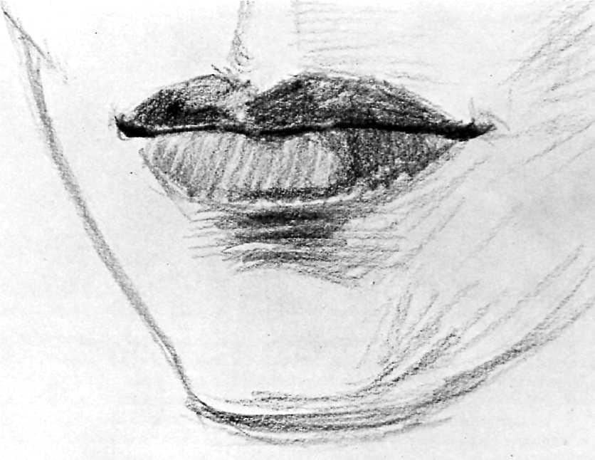 He places a light tone on the lower lip. which turns upward and receives the light, but he darkens the shadow plane at the right. Rough strokes darken the pool of shadow beneath the lower lip.