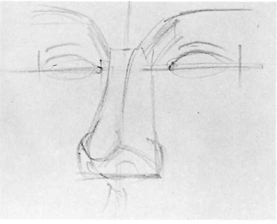 DRAWING THE NOSE: THREE-QUARTER VIEW 21 Step 1. When the head turns to a three-quarter view, the nose no longer looks symmetrical; we see more of one side.
