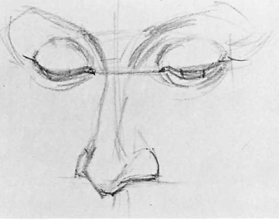 In this preliminary sketch, the artist visualizes the tip of the nose as a kind of diamond shape. The undersides of the nostrils look like curves.