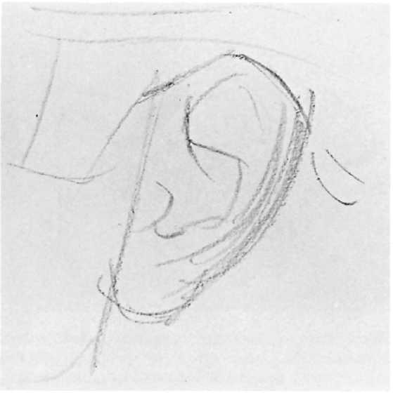 DRAWING THE EAR: SIDE VIEW 24 Step 1. The artist begins by drawing a guideline diagonally upward from the jaw. The ear attaches to this line.