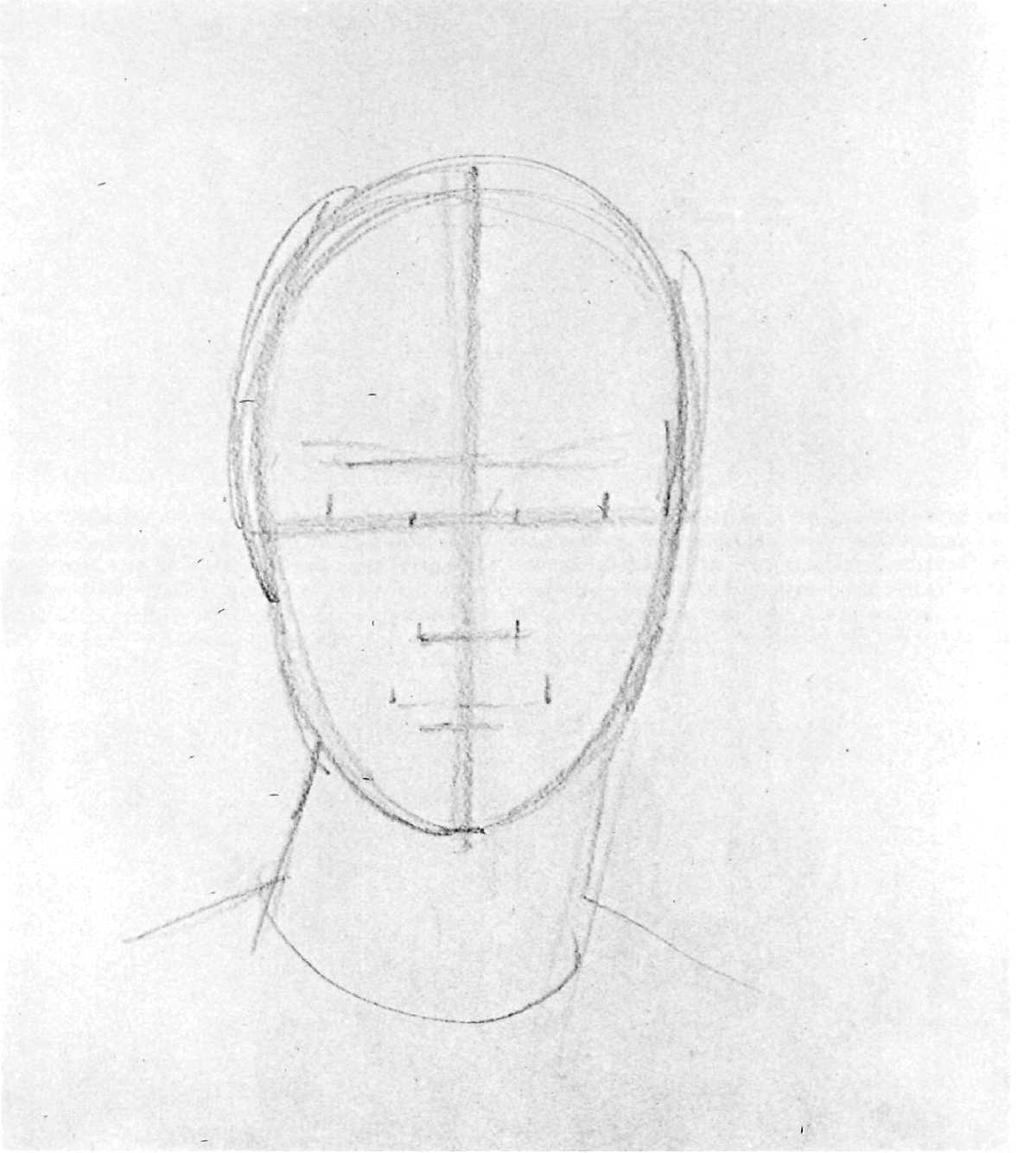 DRAWING THE HEAD: FRONT VIEW 26 Step 1. Now, to show you how to put together everything you've learned so far, the artist draws a front view of a complete head.