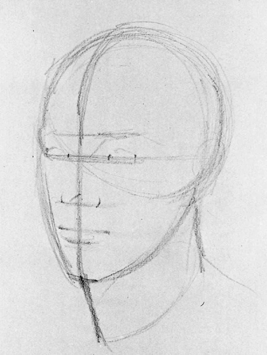 DRAWING THE HEAD: THREE-QUARTER VIEW 30 Step 1. The procedure is essentially the same in a threequarter view. But now the guidelines are a vertical egg overlapped by a horizontal egg.