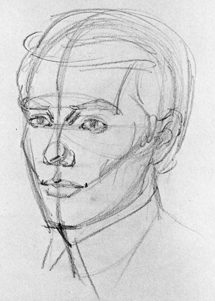 DRAWING THE HEAD: THREE-QUARTER VIEW 31 Step 2. The artist reshapes the contours of the head over the original guidelines, adding the angular details of the brow, cheek, chin, and jaw.