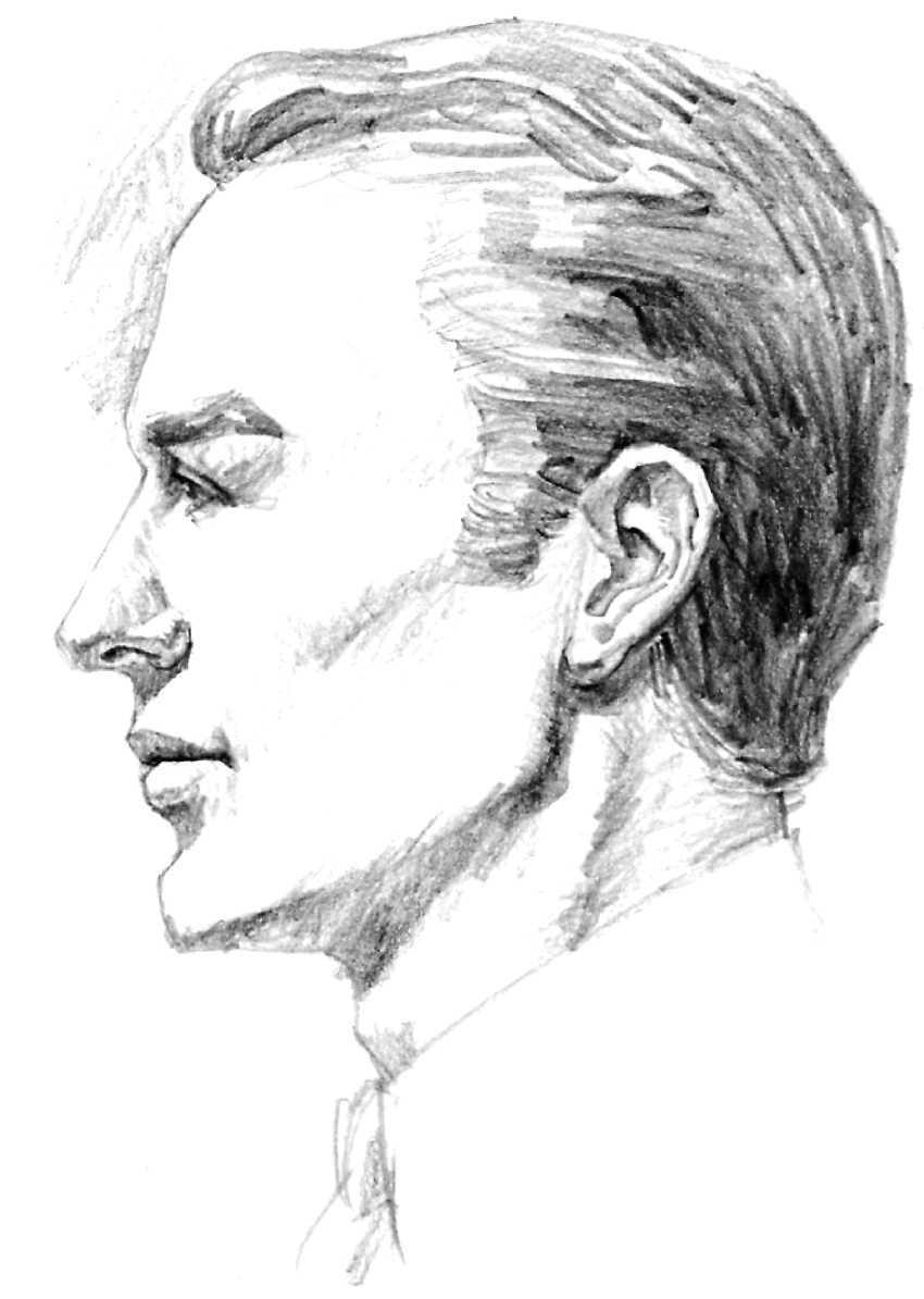 DEMONSTRATION 2. BROWN-HAIRED MAN 43 Step 7. The pencil moves over the face, adding clusters of parallel strokes that enrich the tones of the brow, cheek, jaw, and neck.