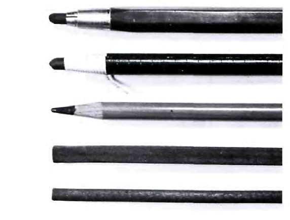 that grips a thick lead; and finally a rectangular stick of graphite that makes a broad, bold mark on the paper.