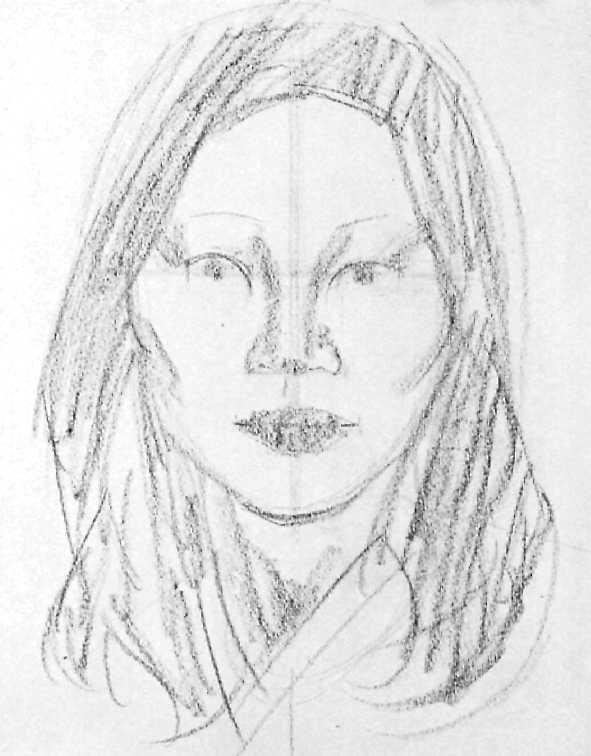 DEMONSTRATION 7. ORIENTAL WOMAN 63 Step 3. The artist uses the square end of the chalk to block in tones with broad strokes. A single curving stroke is placed on either side of the nose.