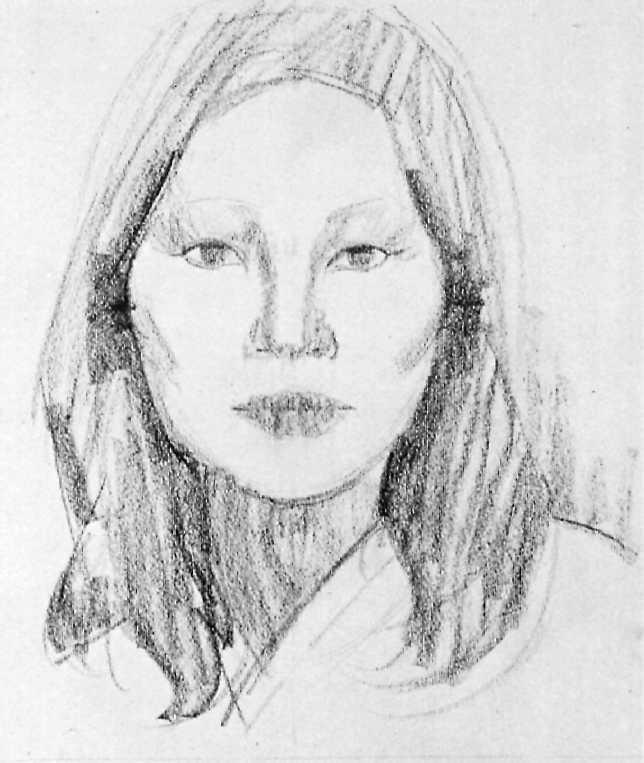 Short, broad strokes place the shadows in the outside corners of the eyes, along the cheeks and jaw, and at the pit of the neck. The lips are filled with tone.