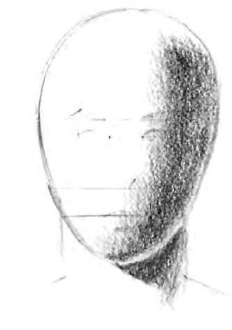 When you draw a side view, visualize the head as two overlapping eggs; one vertical and one horizontal, with both tilting a bit.