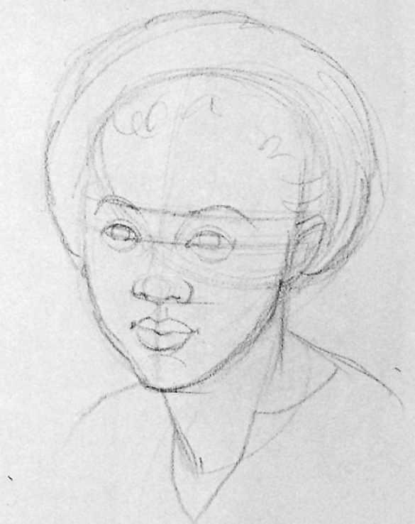 DEMONSTRATION 9. BLACK WOMAN 73 Step 3. The artist develops the curves of the sitter's cheeks, jaw, arid chin with the pencil. Then he defines the rounded shapes of the features more exactly.