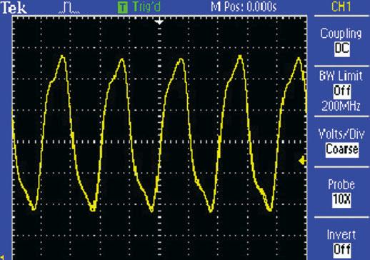 Figure 3. Time-domain view of 50 MHz clock signal, showing varying amounts of distortion on peaks. This implies that the signal is being modulated by a lower-frequency source.