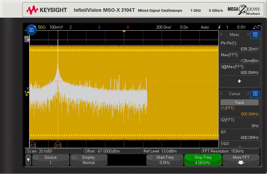 03 Keysight FFT and Pulsed RF Measurements with 3000T X-Series Oscilloscopes - Application Note Simple Example FFT Measurement with an Input Sine Wave The MSO-X 3104T oscilloscope with 1 GHz analog