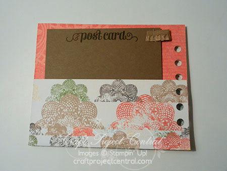 For the second pocket insert, stamp the post card image using Basic Black ink on a 4 x 4 piece of Baked Brown Sugar card stock.