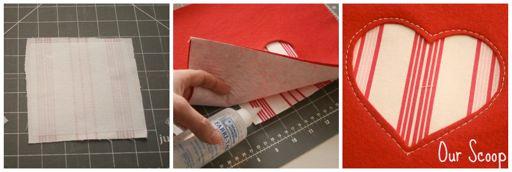 ! $! Cut a 4 x 4 Square of Accent Fabric for your heart in the front. Add fusible interfacing on the back of the square for added strength.