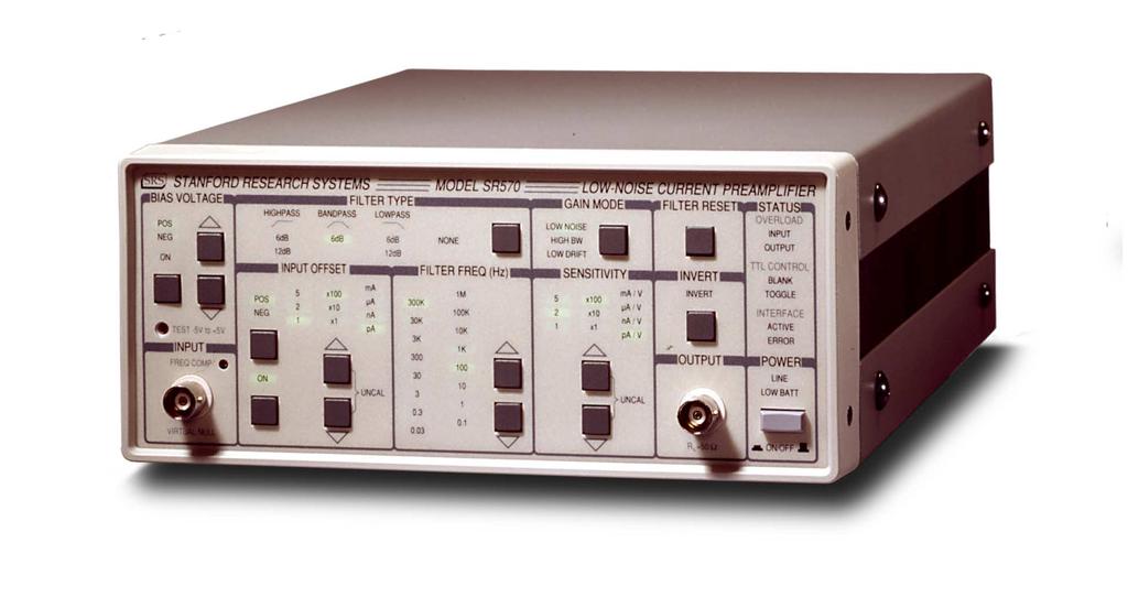 Low-Noise Current Preamplifier SR570 DC to 1 MHz current preamplifier SR570 Current Preamplifier 5 fa/ Hz input noise 1 MHz maximum bandwidth 1 pa/v maximum gain Adjustable bias voltage Two