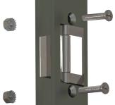 2) Fasten the aluminum angle to the frame with #14 hex head self drilling screws. 3) Keeping the door pulled against the door stop, extend the bolts as much as possible.