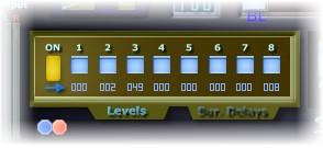 Audio output levels settings & spatial levels controls readings The plugin's output levels, 0 to 100 % Activation of