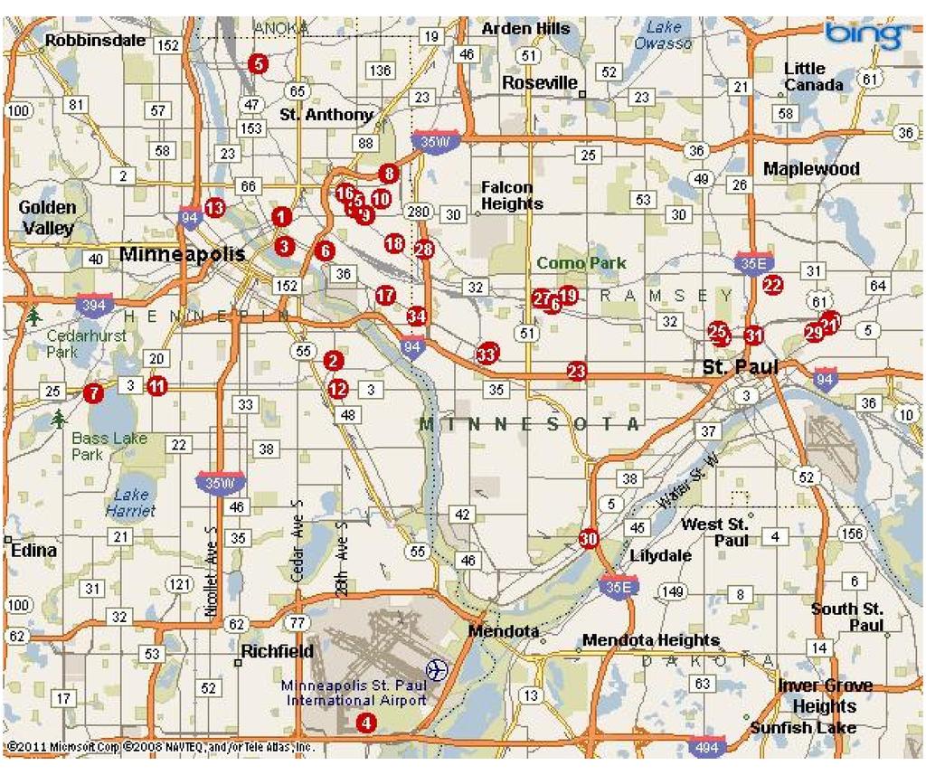 Property Map Map Legend 1) anks uilding, Minneapolis, MN 55413-2447 2) Koechel Peterson & Associates, Minneapolis, MN 55406 3) Machine Shop, Minneapolis, MN 55414-2103 4) Park Nicollet linic,