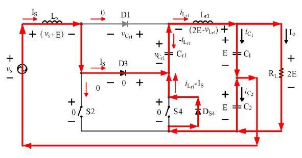 Seventh Period, [t6 t t7]: The free-wheeling diode D1 is turned on with ZVS because vcr1 (t6) = vd1(t6) = 0 while t = t6. The input inductor Ls continues to be demagnetized and the equivalent circuit.