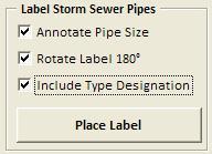 1.5.1.1 Drainage Pipe Labels Drainage pipes can be labeled with a flow arrow and optionally the pipe size. Toggle on Annotate Pipe Size to include the size of the pipe in the label.