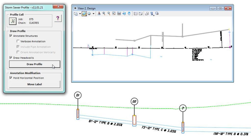 In the example below, the drainage profile is generated using the following steps: The drainage basemap is attached to the profile design file MicroStation View window 2 is open with the referenced