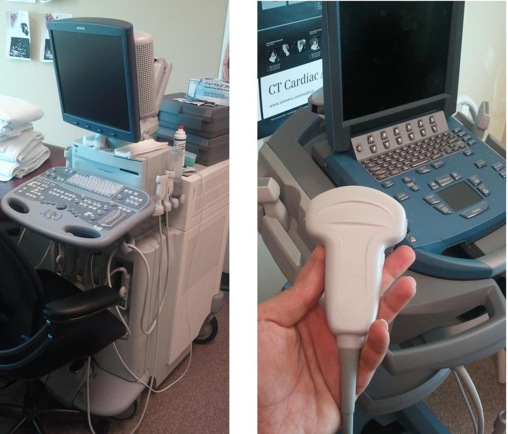 Figure 6: Modern Ultrasound Imaging station located at the UCF Medical School. Cart-based system (left) and portable laptop ultrasound probe (right).