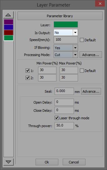 Disabling the Material Boundary To ensure the Material Boundary is not cut, first select the Green layer and change the Output to NO.