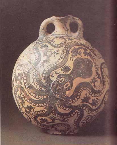 The artist has allowed the familiar shape of an octopus to surround this jar. Minoan (from Palaikastro).