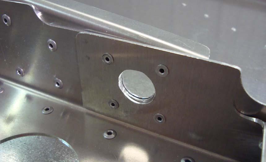 Layout 4 rivets around the hole for the Bungee Pin. Maintain at least minimum edge distance from each edge, including the hole for the Bungee Pin. With a #40 drill bit, drill the holes and Cleco.