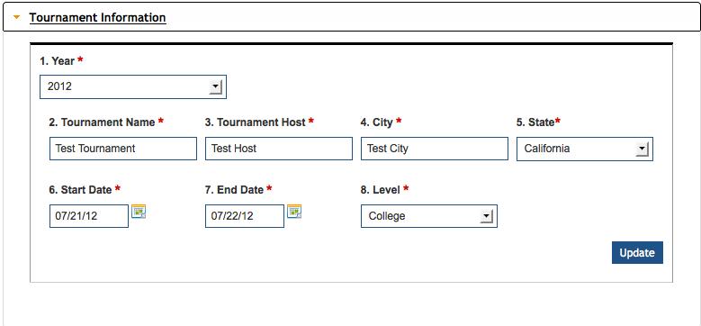 Tournament Information The tournament information box will allow you to update tournament information such as the