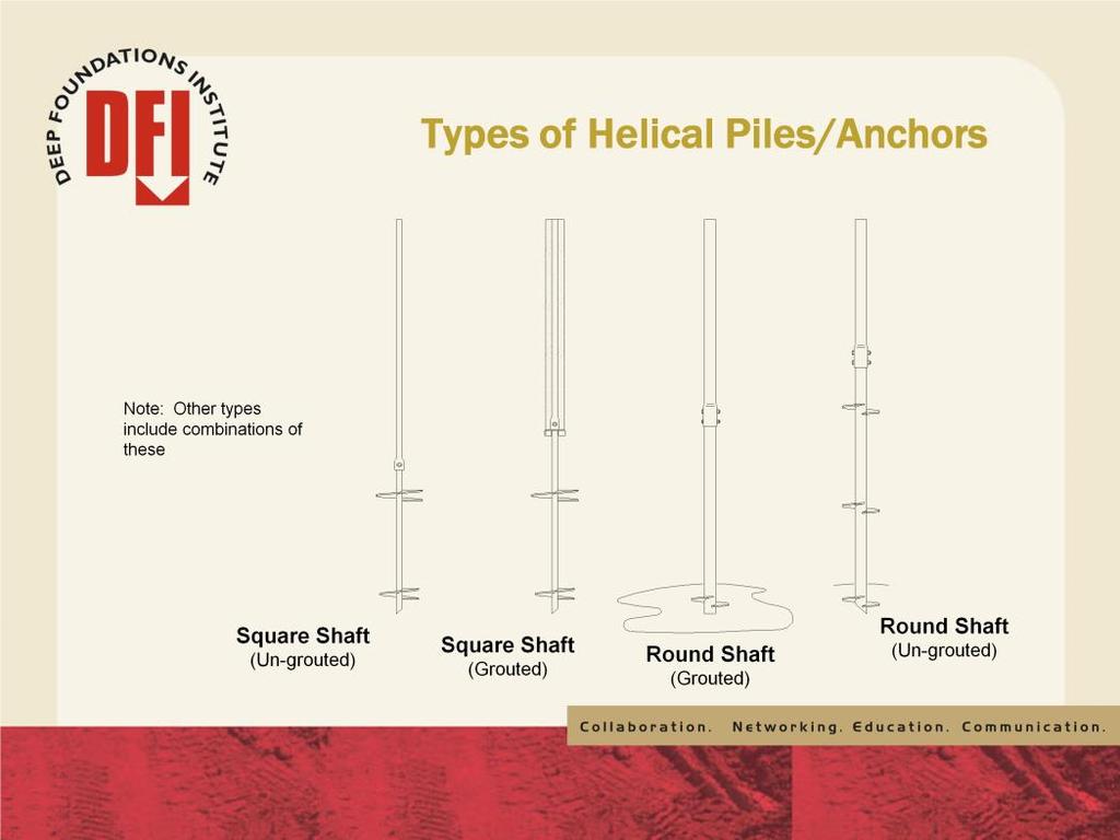 Helical piles come in many sizes and shaft types. Shafts range from slender square shafts to large diameter pipe shafts. The majority of helical piles use shaft diameters of 3-1/2 or less.