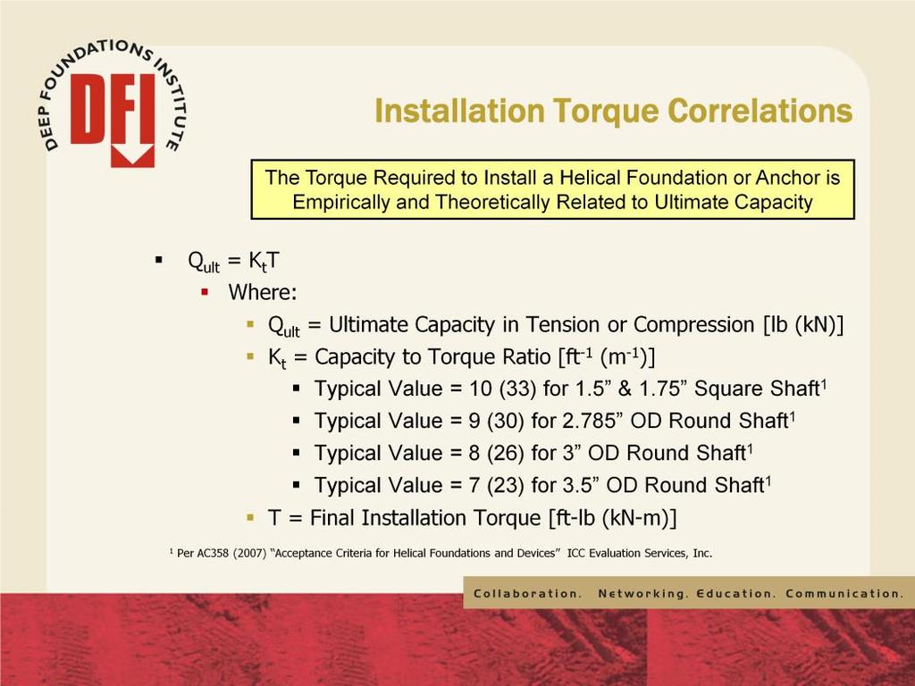 Installation torque (resistance to helical pile penetration) can be used to estimate the ultimate capacity of helical piles.