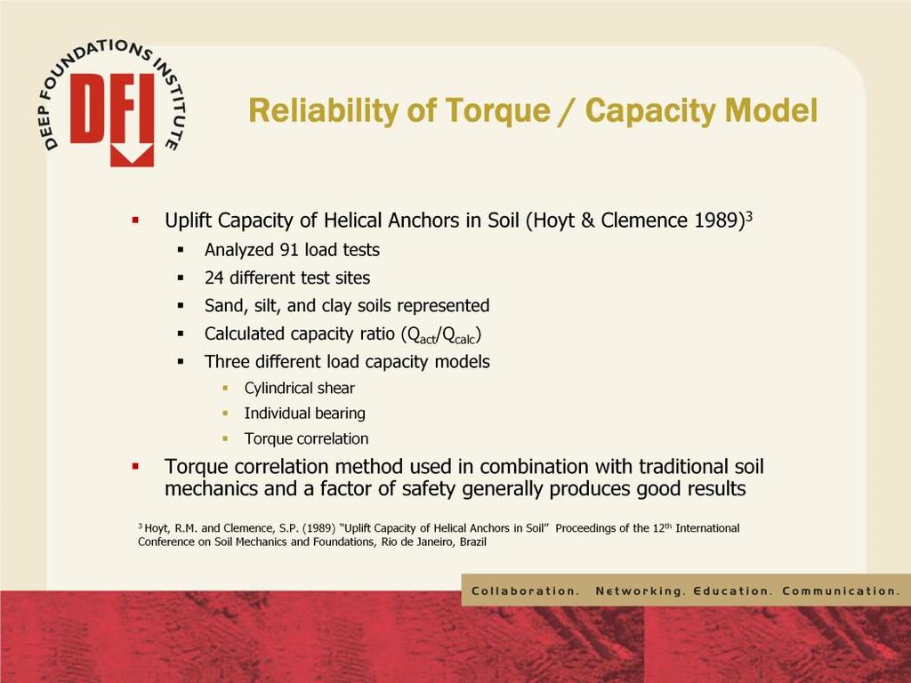 Researchers Robert Hoyt and Dr. Samuel Clemence published Uplift Capacity of Helical Anchors in Soil in 1989.