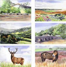 Exmoor Scenes. Designed as a pair. Three images in each show. Watercolour. Each image is 6.5cm x 9cm. Exmoor Scenes.