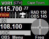 The VOR station is flagged as valid (green background bar). The OBS has been selected to 145 degrees while we are on an outbound radial of 150 degrees.