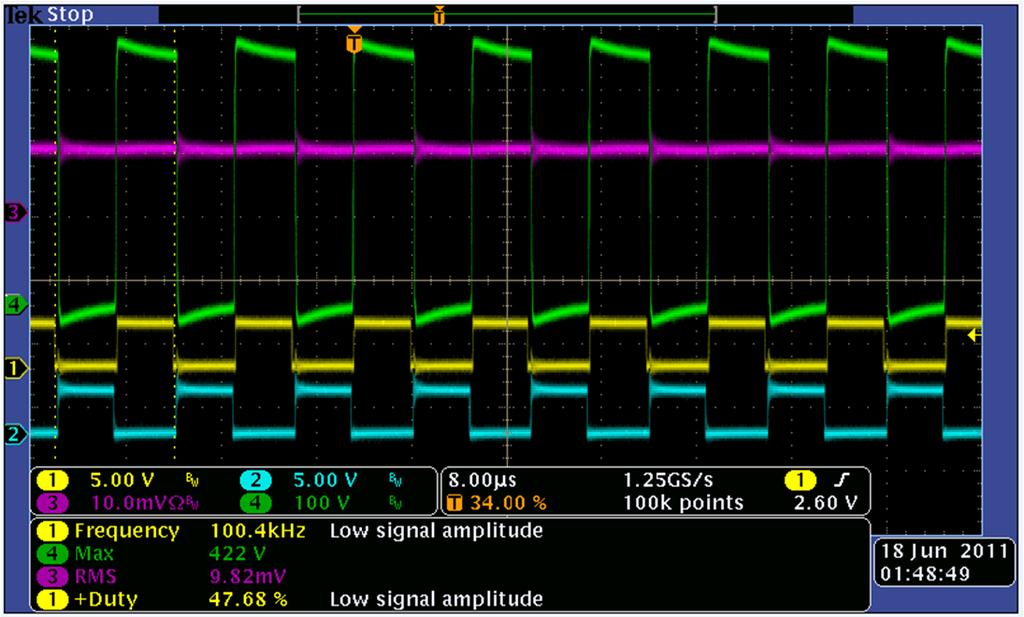 MPPT DC/DC Waveforms MPPT DC-DC Boost, Vin=200V, Vout=400V, Pout=500W CH1& CH2: Boost PWM CH3: