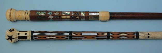 157. FINE WHALE IVORY, EBONY, ABALONE AND FRUITWOOD INLAID WALKING STICK, circa 1850, the polyhedron knob inlaid with stars, dots and panels, the mid-shaft inlaid with abalone and ivory