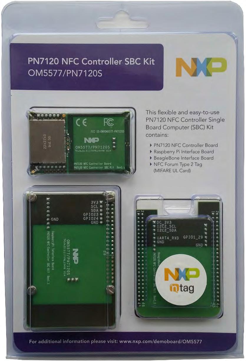 PN7120 NFC Controller Board Raspberry Pi Interface Board BeagleBone Interface Board Fig 1. PN7120NFC Controller SBC Kit content 2.2.1 PN7120 NFC Controller Board The PN7120 NFC Controller Board is the main board of the demonstration kit.