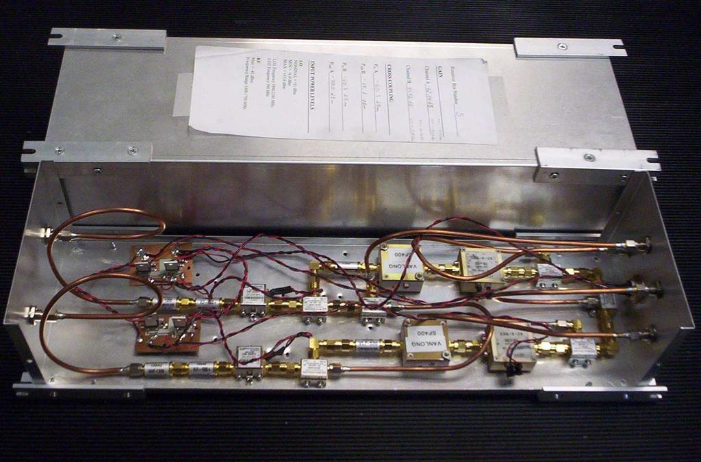 and LO2 = 396 MHz, yielding IF = 2.8125 MHz. Additional design details for the frequency downconverter electronics are given in [82]. Figure 3.6: Frequency downconverter box [82].