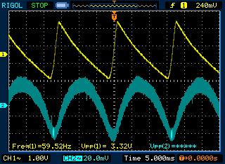 Vout_ripple = 75 mvp-p (1 tube Triode Grid Leak Detector) o Upper trace is 1 tube Triode Grid Leak