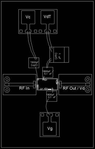 TGA Application Circuit Recommended Chip Assembly Diagram Note: Input and Output ports are DC coupled. If biasing Vd through the RFOut side, a bias tee is required.
