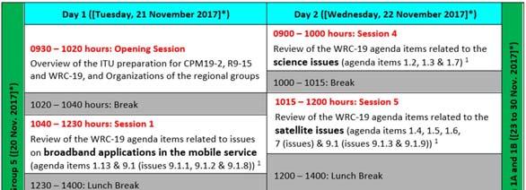 1 st Workshop Outline of tentative draft Programme * Subject to the confirmation of the dates of the ITU R SG 5 meeting currently planned on 20 Nov.