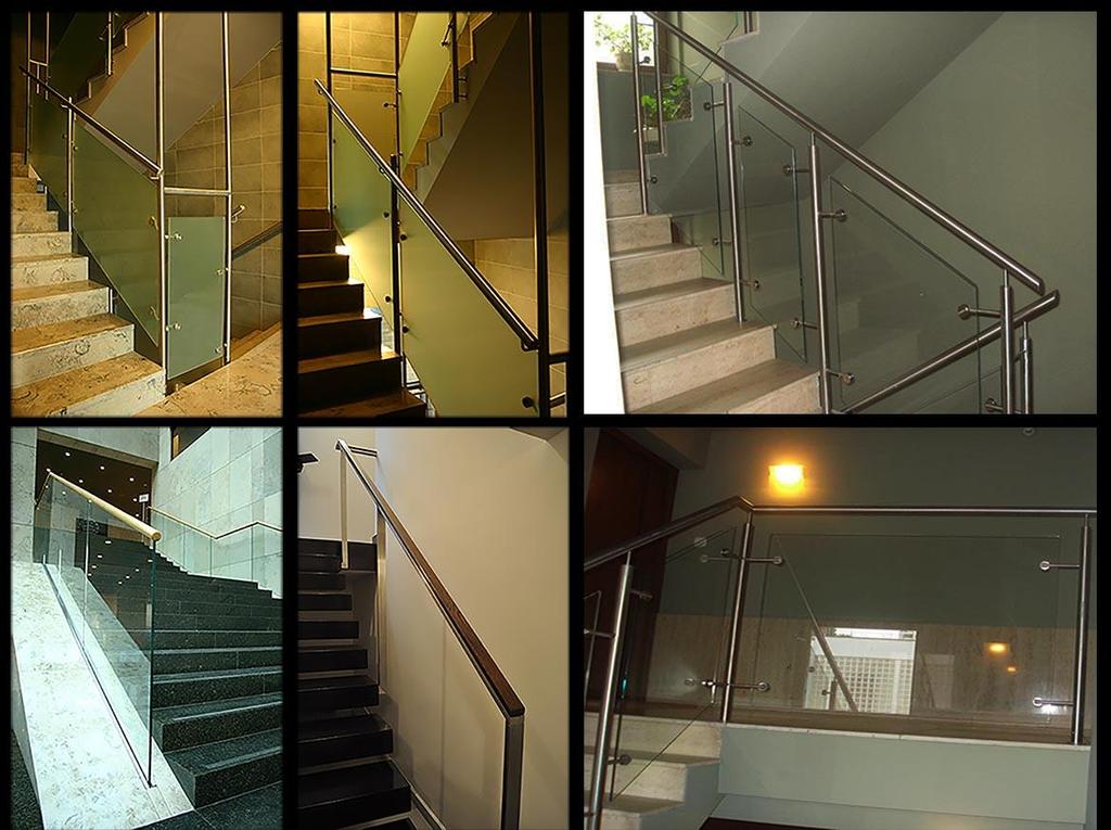 Balustrades with satin and wood in handrail or infill The following types are shown: 1.