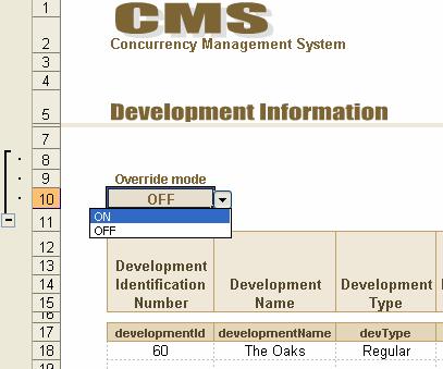 3.11. Override Mode The override mode can be used in the Development Information spreadsheet for two reasons: (1) to correct a development status or flag or (2) when customizing the spreadsheet.