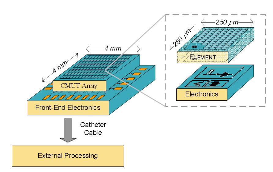 6 Figure 1.2: CMUT array with closed-coupled front-end IC chip. Johansson et al. created a similar design with a conventional piezoelectric transducer [7].