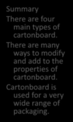 Summary There are four main types of cartonboard.
