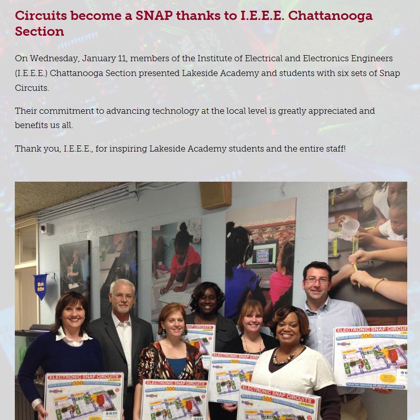 IEEE and TVA s Partners In Education Snap circuits presented to Lakeside Academy by IEEE representatives Cooperation with TVA s