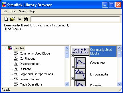 In the Windows release of Simulink, there is a lower right window that displays the current library contents as shown in Figure 2 for the Simulink library.